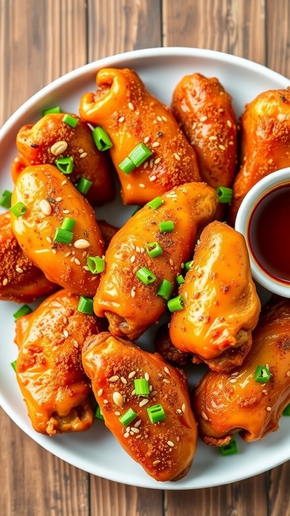 Crispy air fryer chicken wings garnished with green onions and sesame seeds, served with dipping sauce on a wooden table.